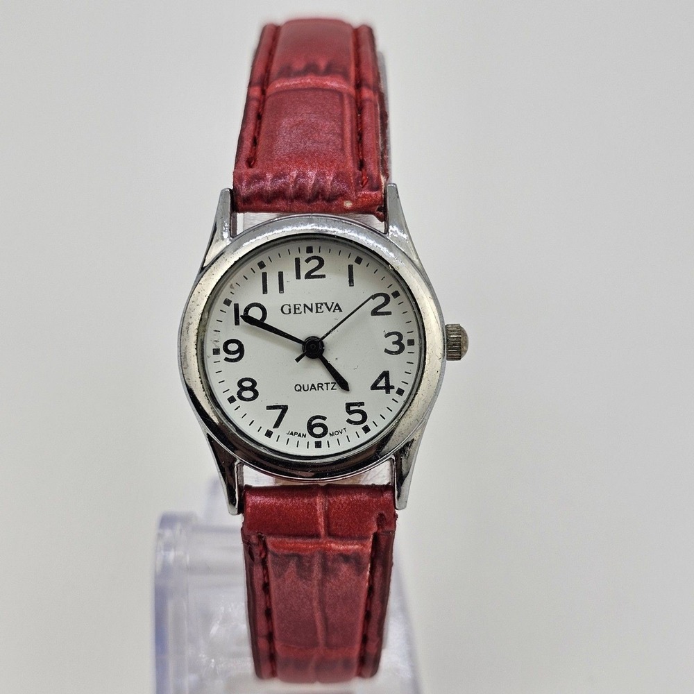 Women's Watch 25MM White Dial Red Leather Band‎ Straps New Battery